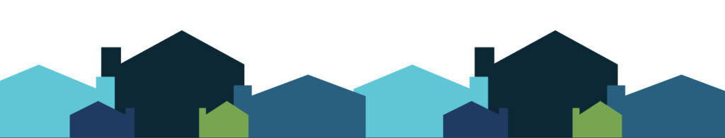 A row of simple, stylized house shapes in different shades of blue and green, overlapping against a white background.