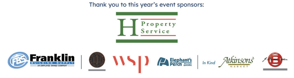 Banner displaying Thank you to this years event sponsors with logos for Franklin Building Supply, WSP, Elephants Perch, Atkinsons Market, Roadside, and a large Property Service logo in the center.